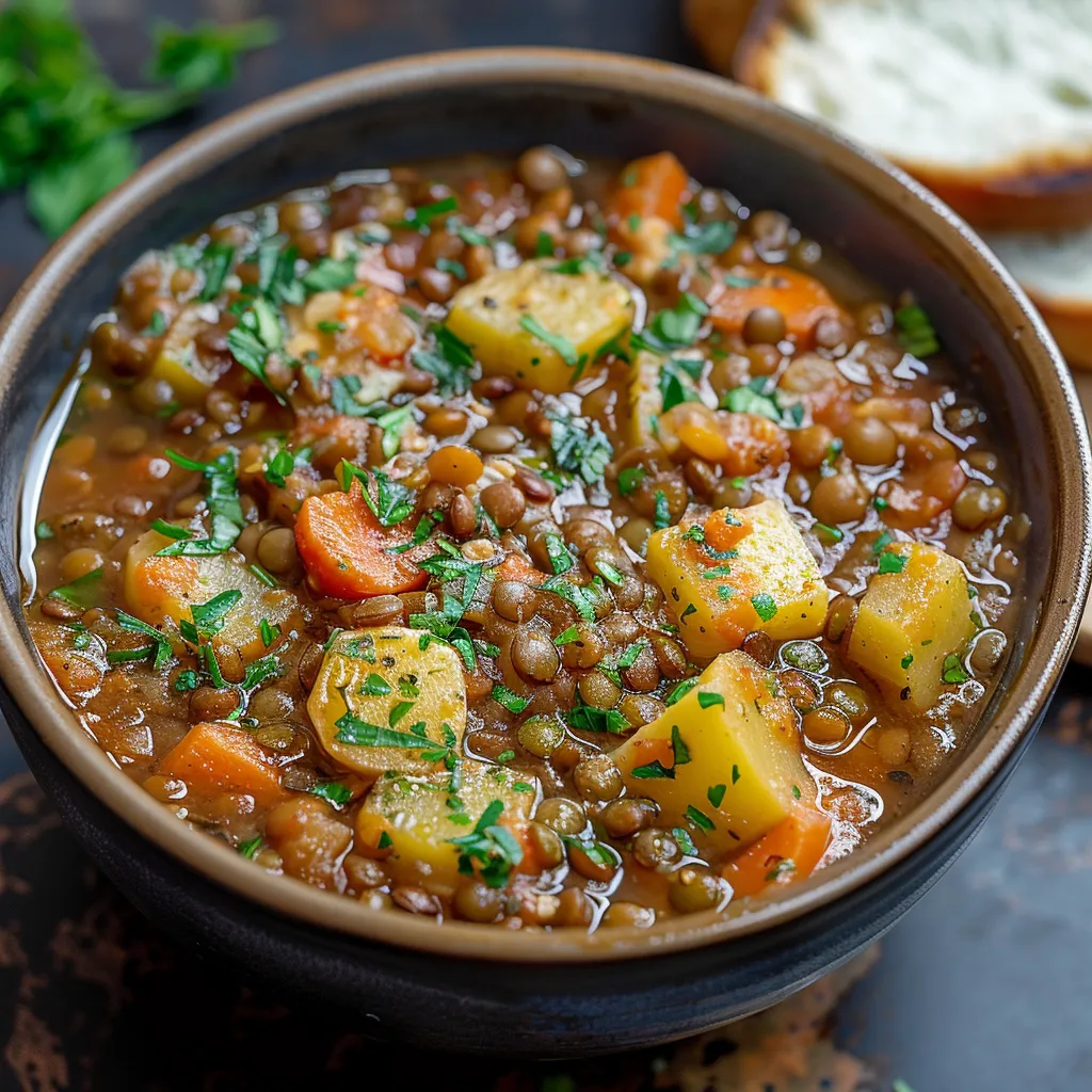 Hearty lentil potato soup with warm spices and tender vegetables.