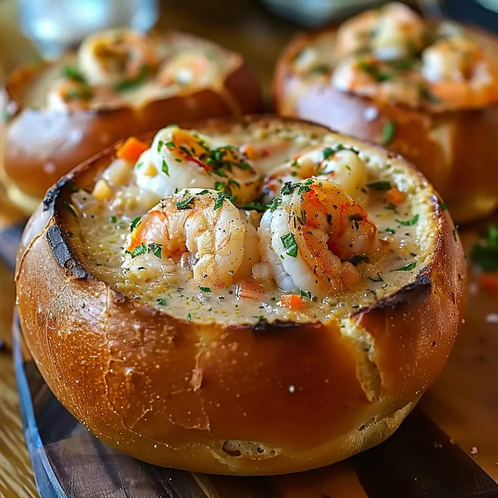 Creamy seafood soup served in a warm, crusty bread bowl.