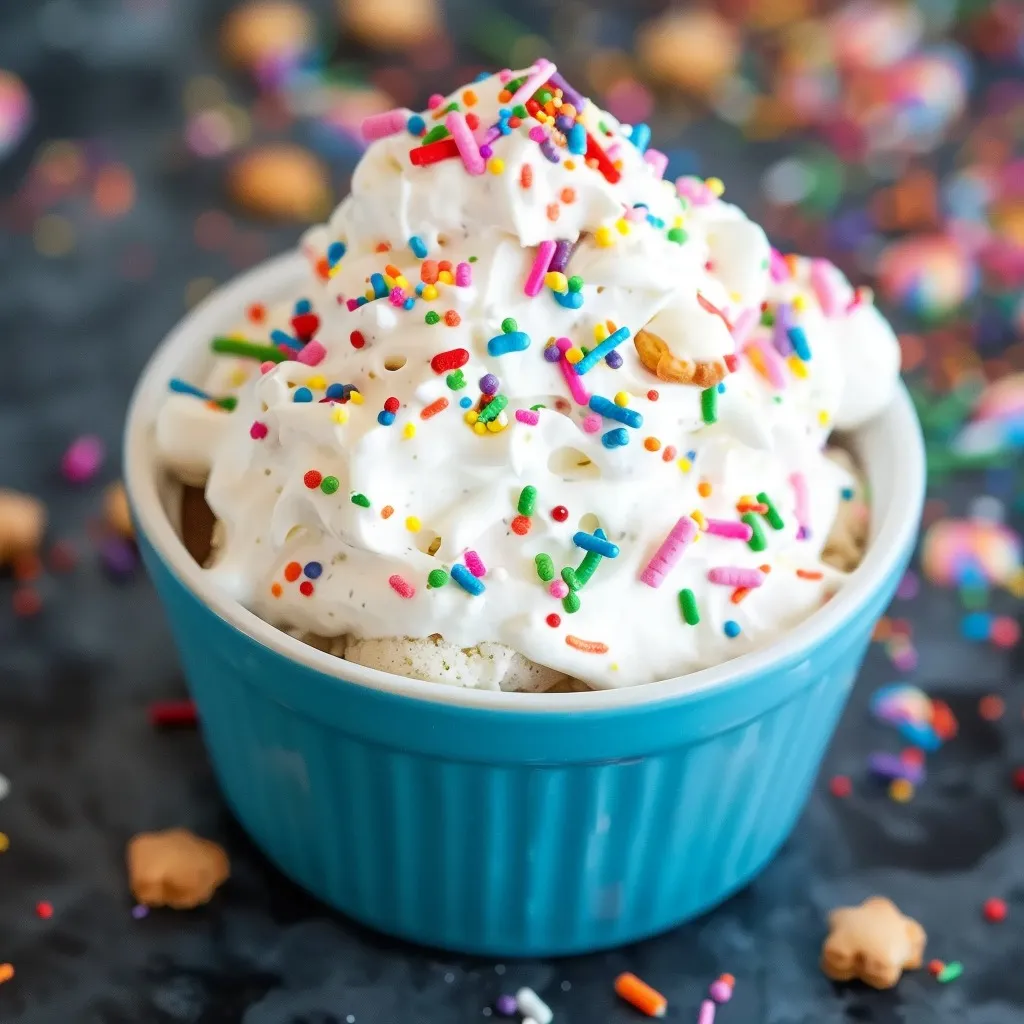 Whipped funfetti dip in a bowl, topped with festive sprinkles, ready to enjoy with dippers.
