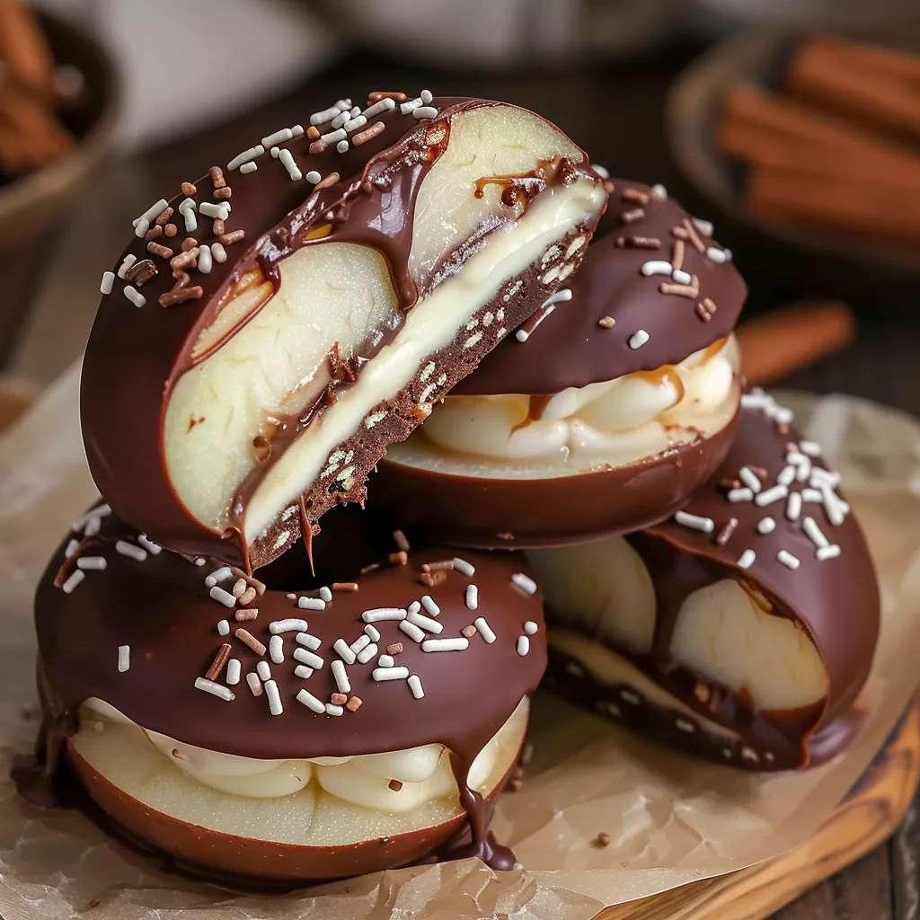 Chocolate caramel apple slices topped with nuts and drizzled with melted chocolate.