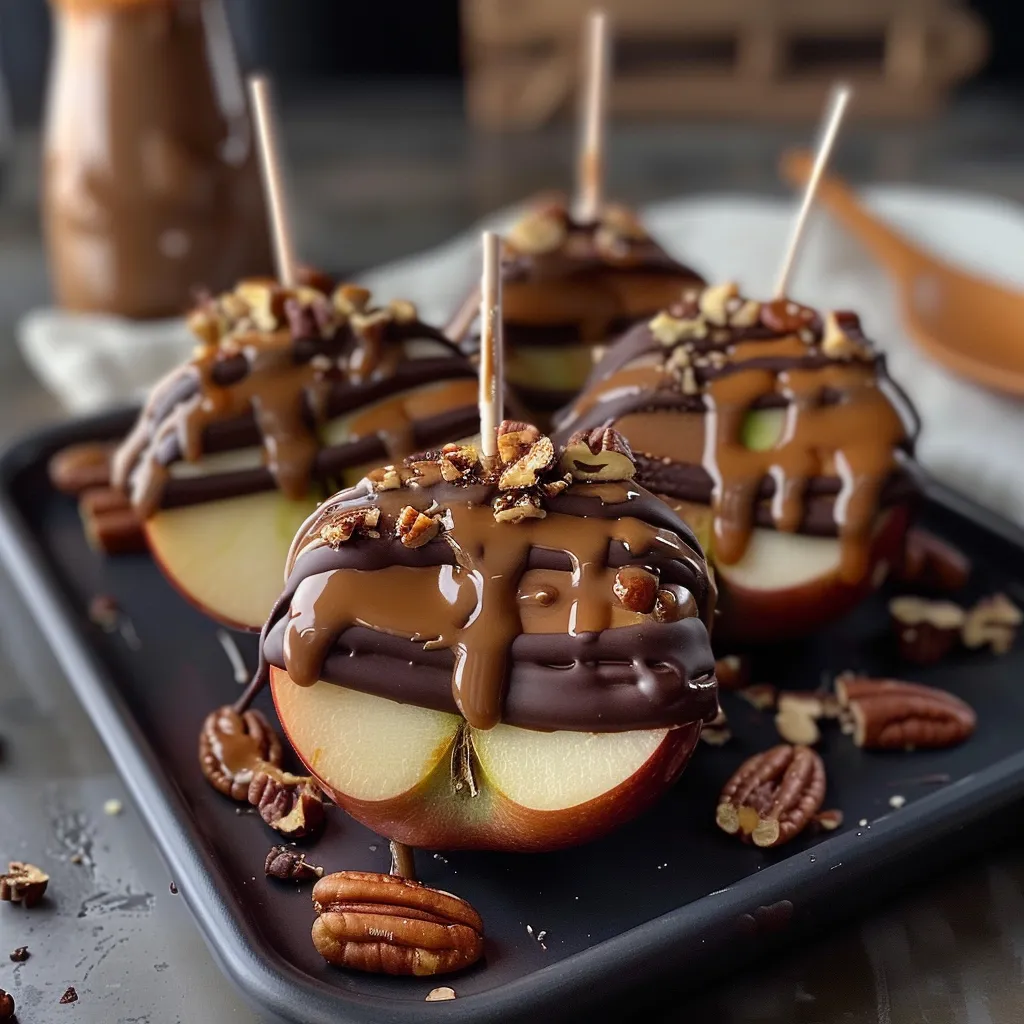 Fresh apple slices coated in caramel, chocolate, and pecans for a turtle-inspired treat.