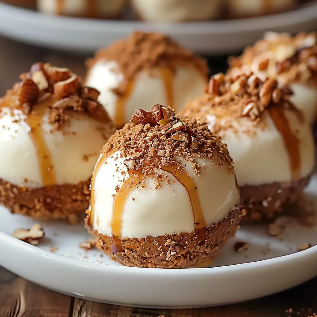 No-bake pumpkin cheesecake balls, coated in white chocolate and spiced with cinnamon.