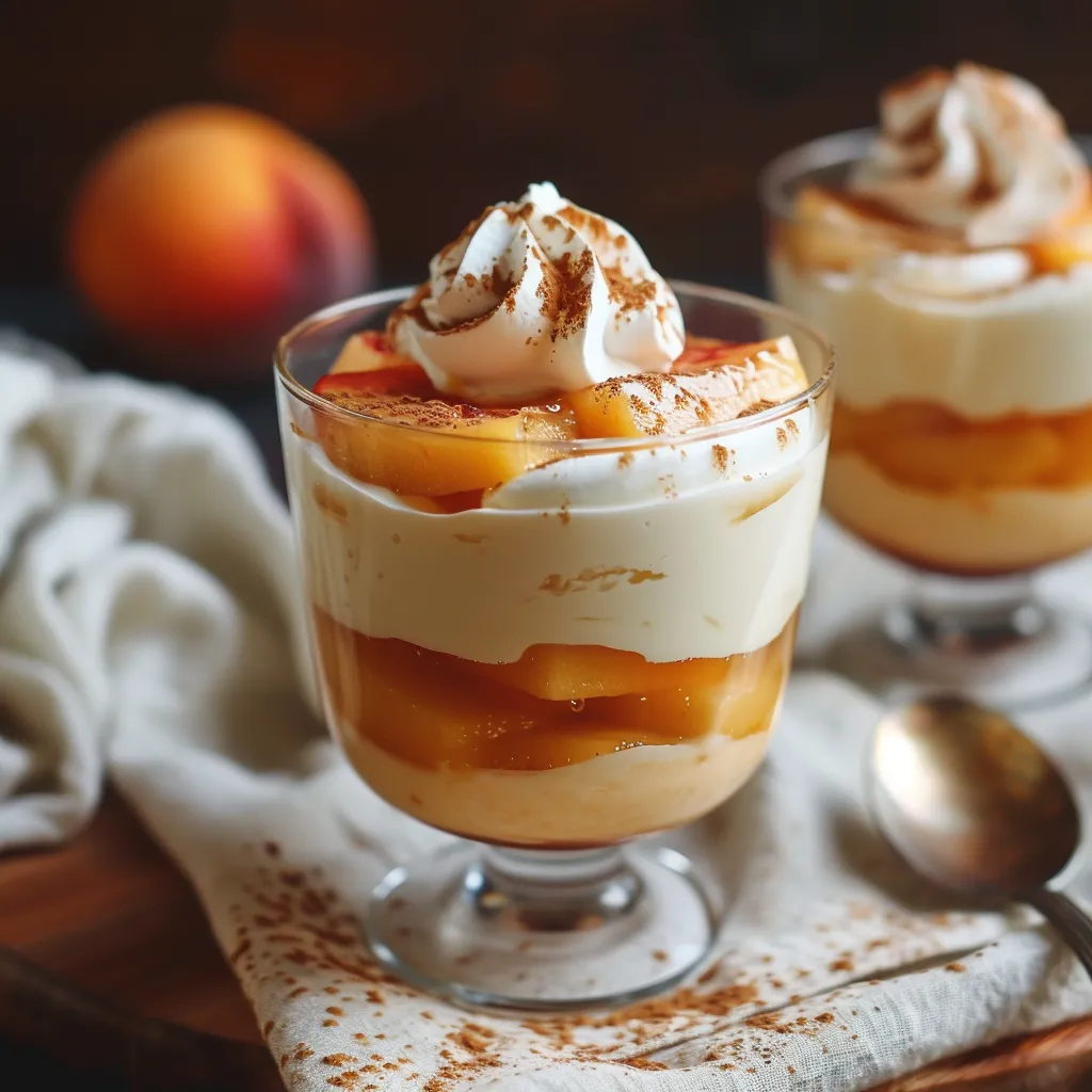 Creamy peach panna cotta topped with rum whipped cream and fresh peach slices.
