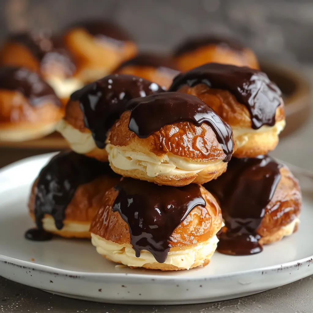 Fresh homemade profiteroles filled with chocolate cream and topped with glaze.