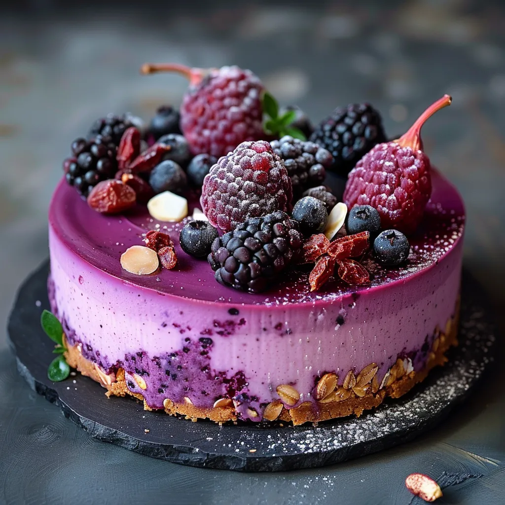 Vibrant pitaya cheesecake with black goji berries, a colorful and exotic dessert.