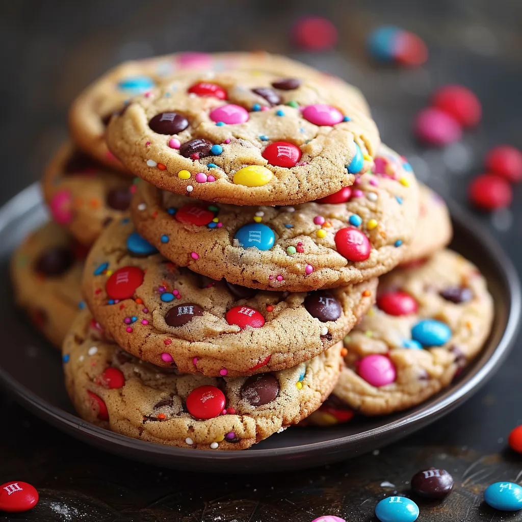 A plate of colorful cookies with chocolate chips and rainbow sprinkles.