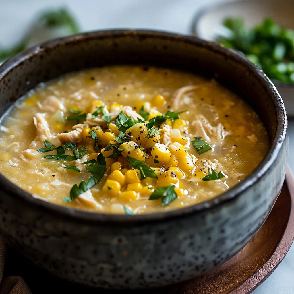 A bowl of soup with corn and chicken in it.