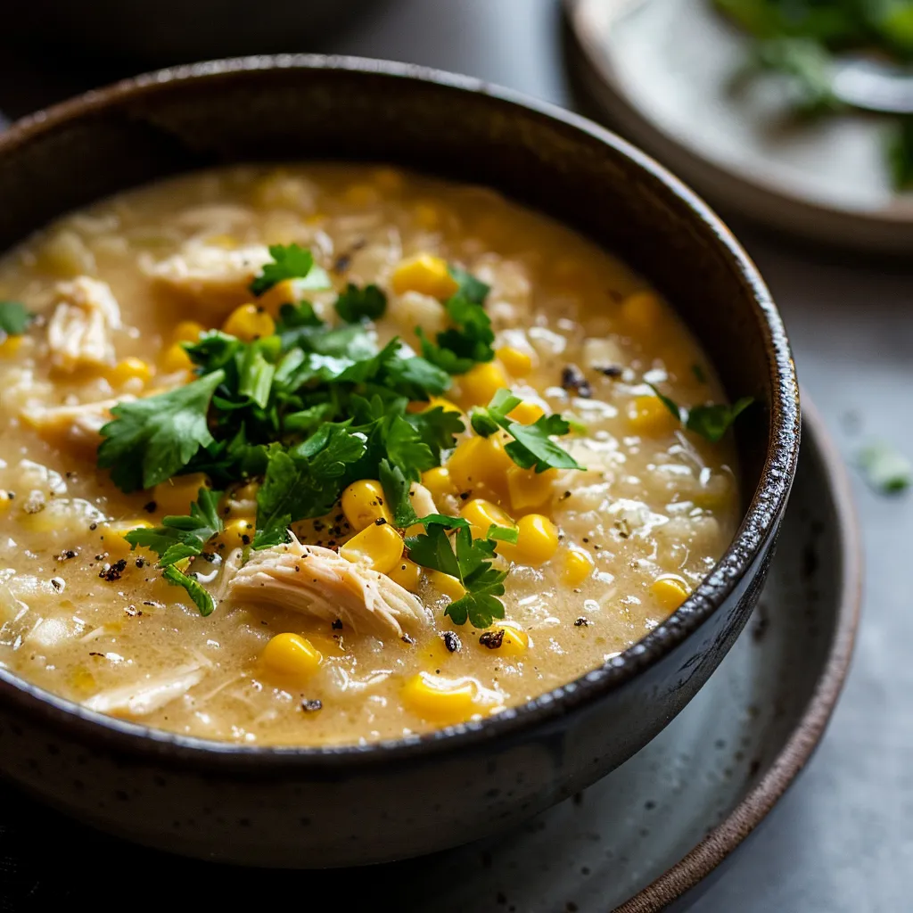 A bowl of soup with chicken and corn on the cob.