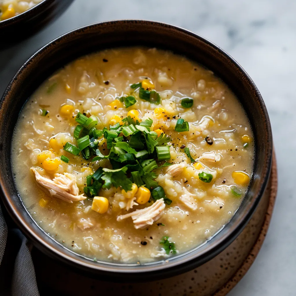 A bowl of soup with a green garnish and corn on the cob.