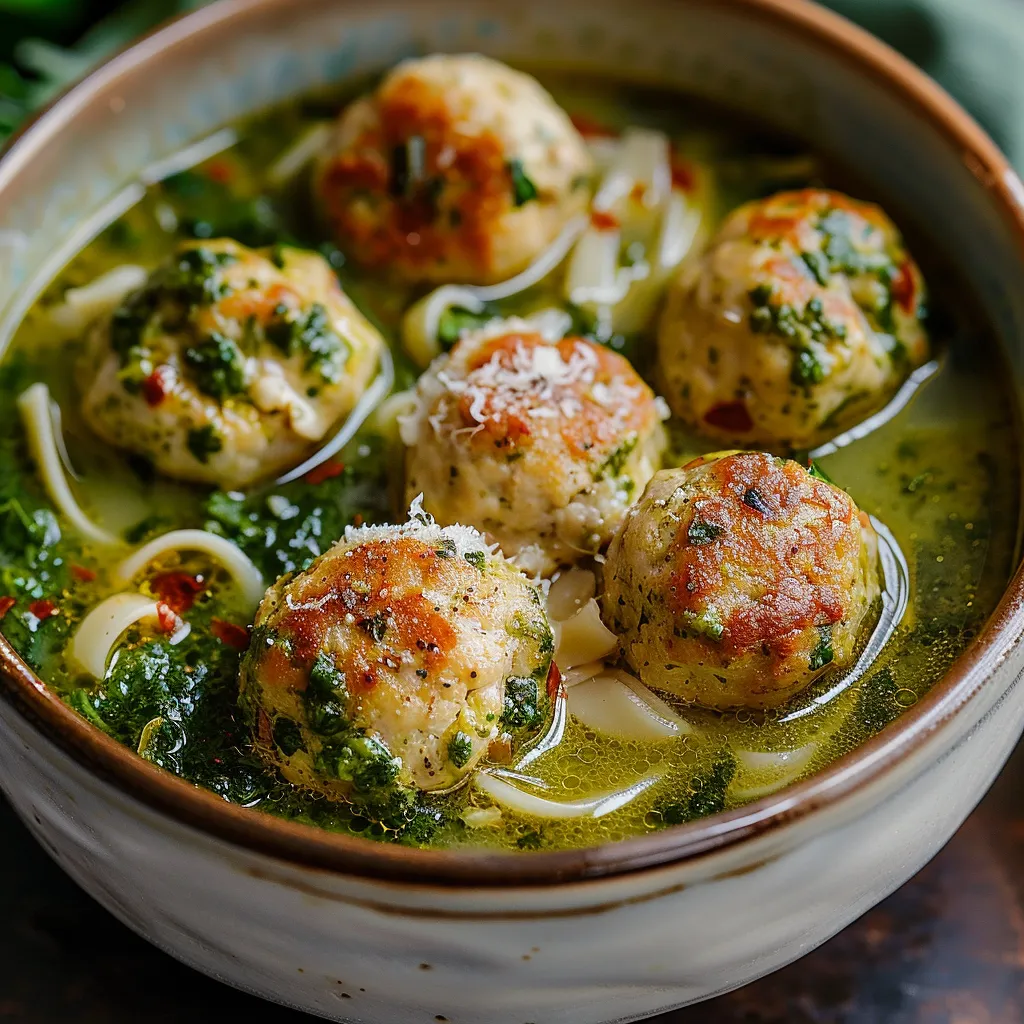 A bowl of soup with meatballs and noodles.