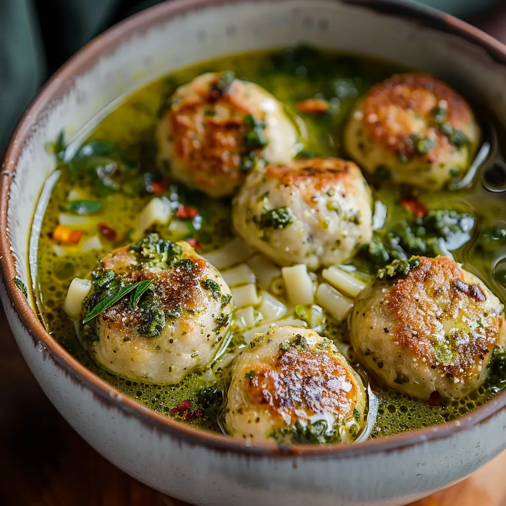 A bowl of soup with meatballs and vegetables.