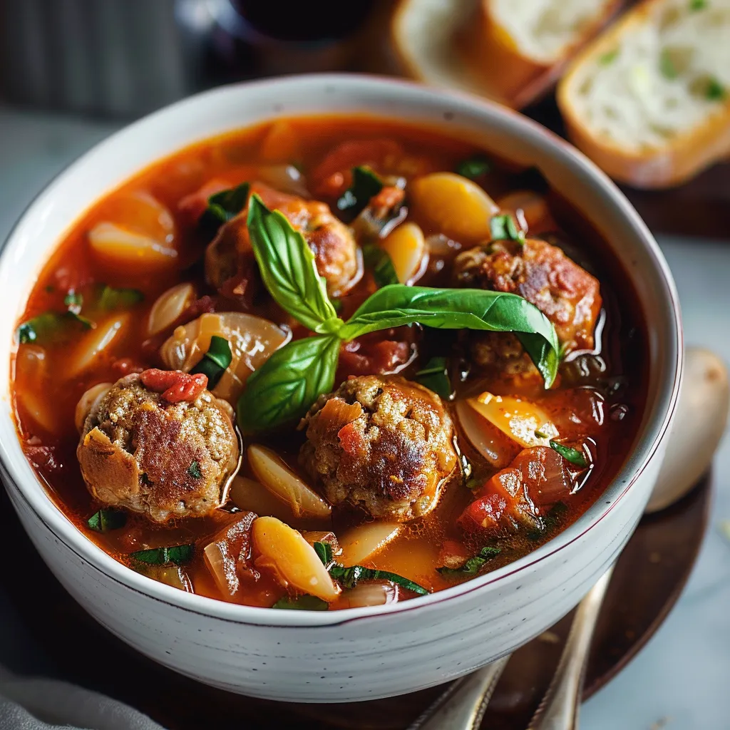 A bowl of soup with meatballs and spinach.