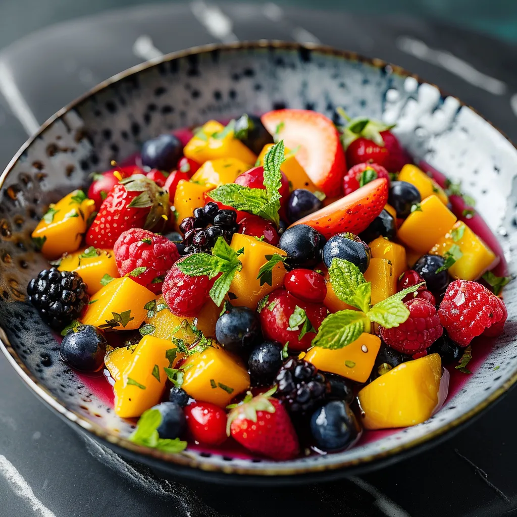 A bowl of fruit with strawberries, blueberries, and oranges.