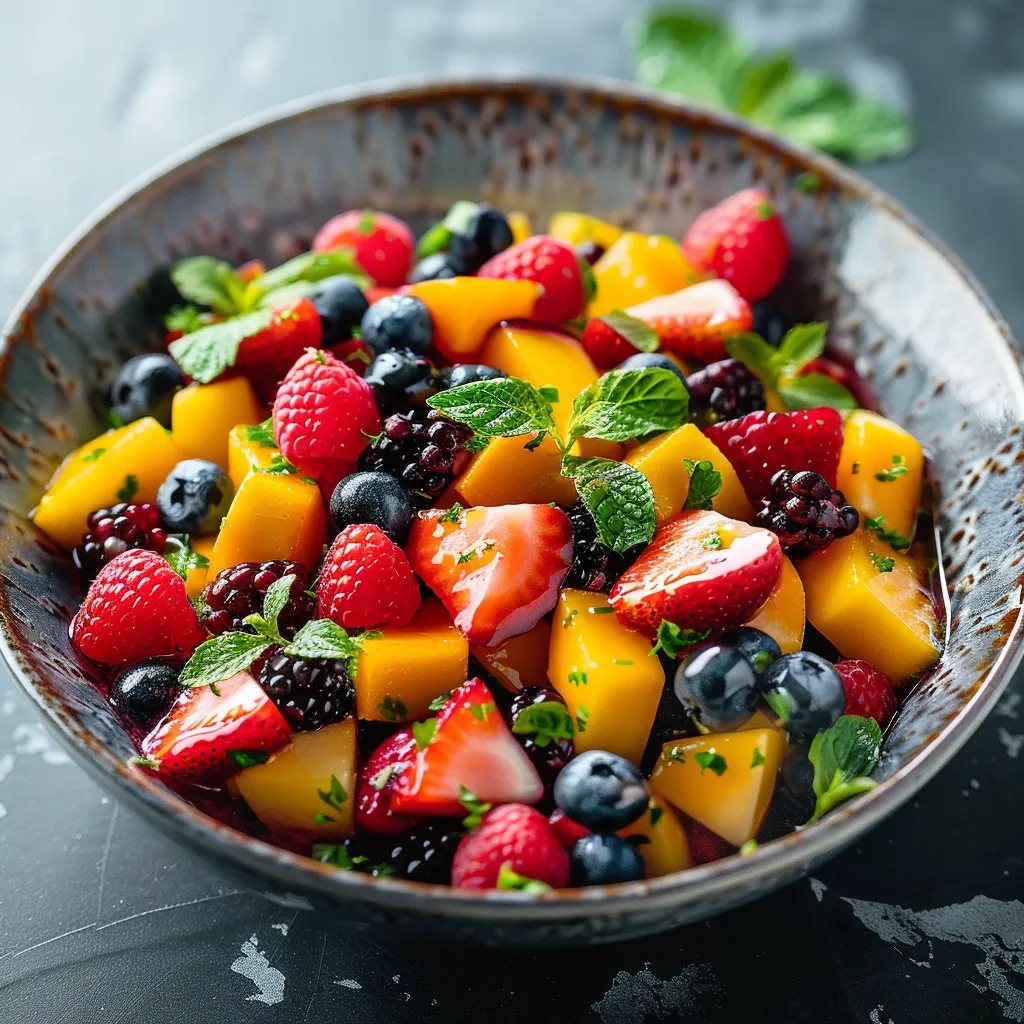 A bowl of fruit with strawberries, blueberries, and mango.