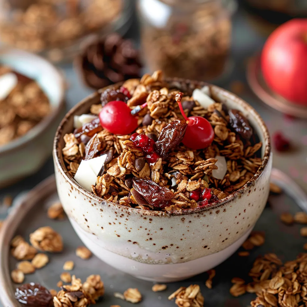 A bowl of granola with cherries and raisins.