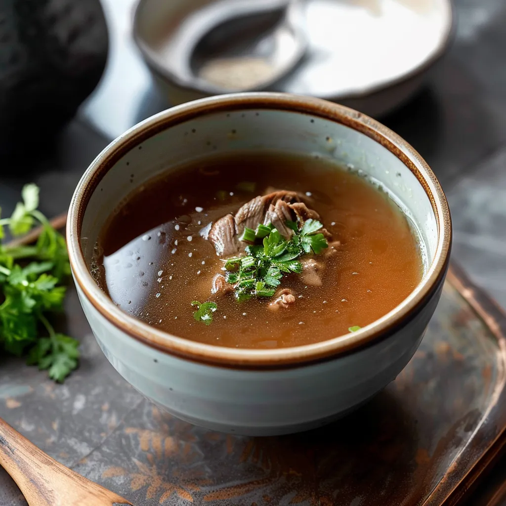 A bowl of soup with a spoon in it.