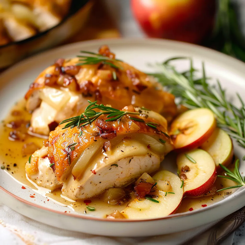 A plate of food with chicken and apples.