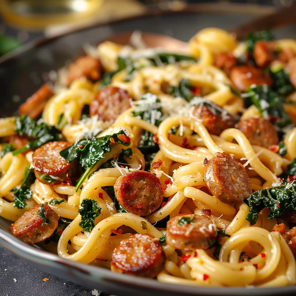 A bowl of pasta with sausage and spinach.