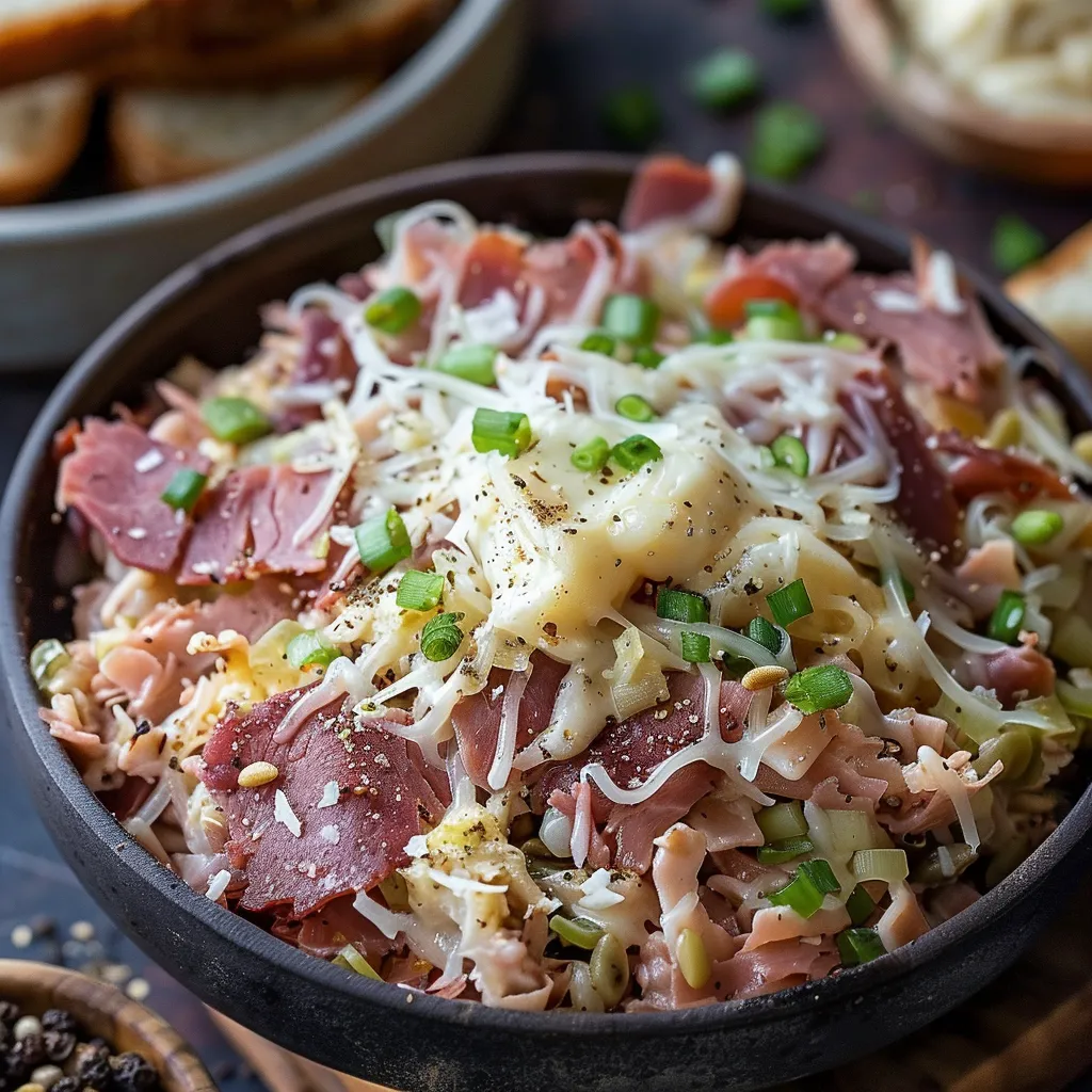 A bowl of food with meat and cheese.