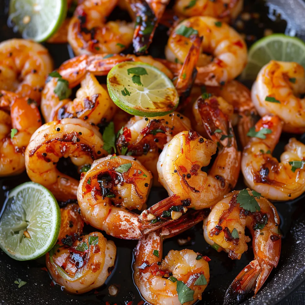 A plate of shrimp with lime wedges on top.