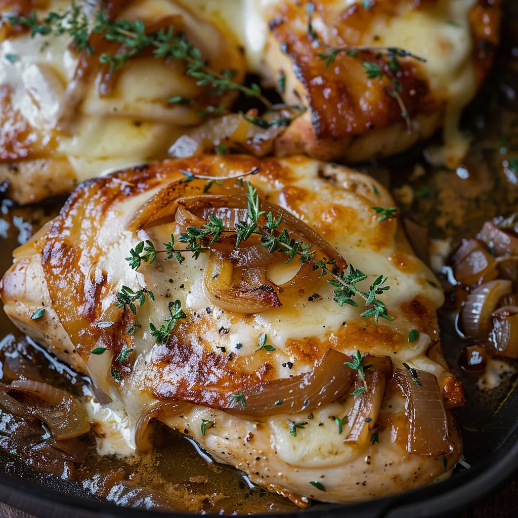 A pan of chicken with onions and herbs.