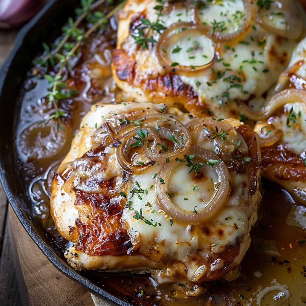 A pan of chicken with onions and herbs.