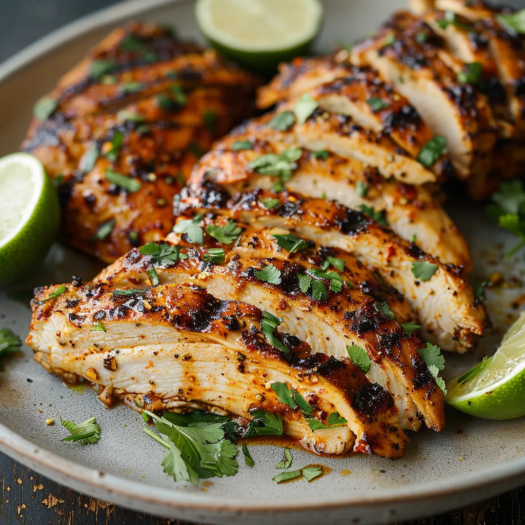 A plate of chicken with lime wedges on the side.
