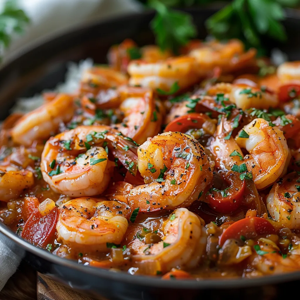 A pan of shrimp and vegetables.