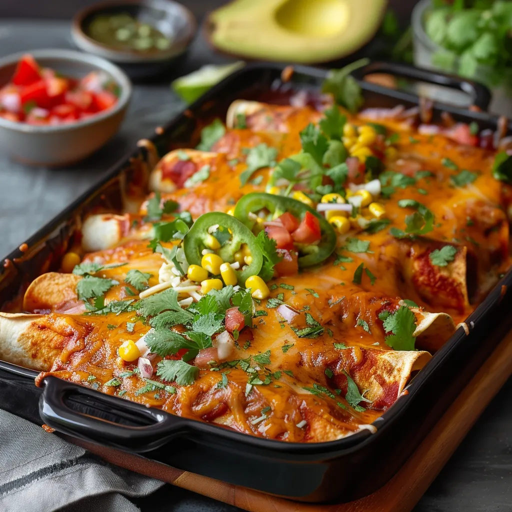 A pan of food with a bowl of salsa and a banana on the side.