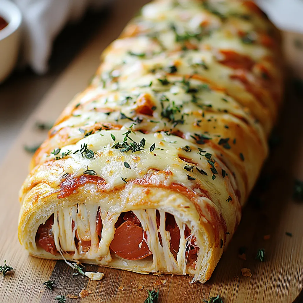 A pizza roll on a wooden table.