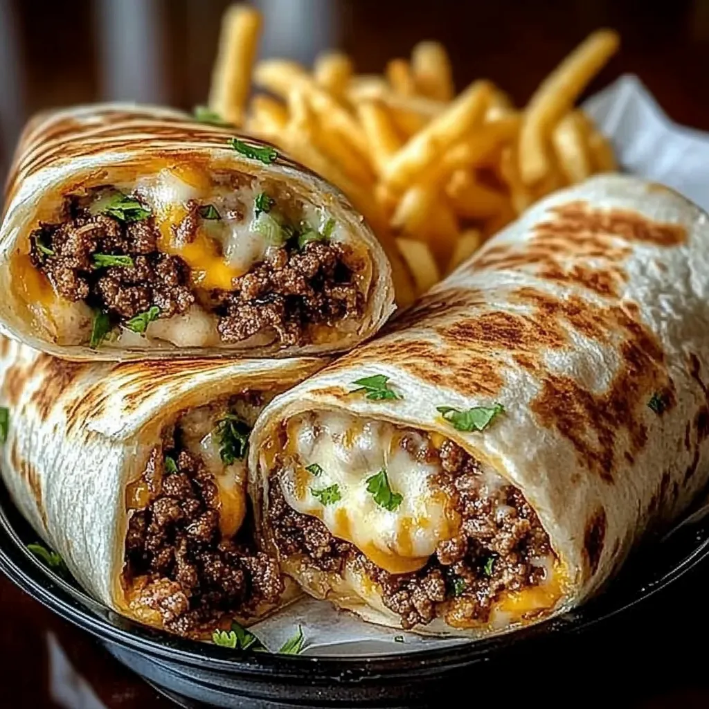 A burrito with cheese and meat on top.