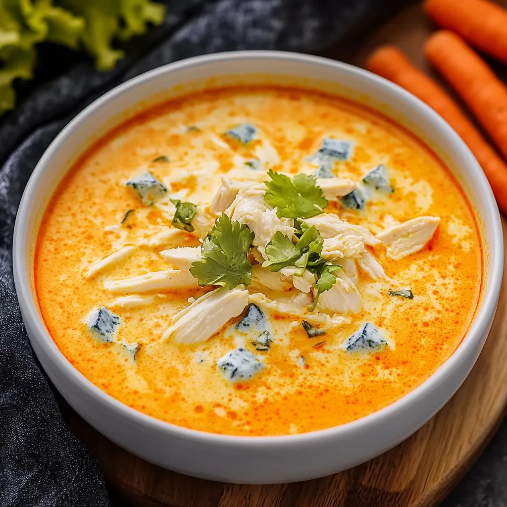 A bowl of soup with chicken and blue cheese.