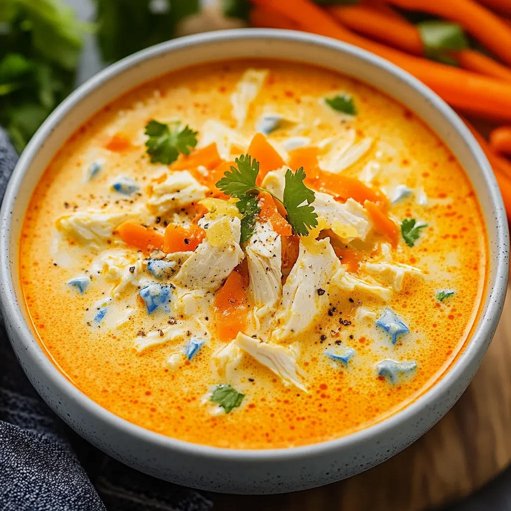 A bowl of soup with chicken and carrots.