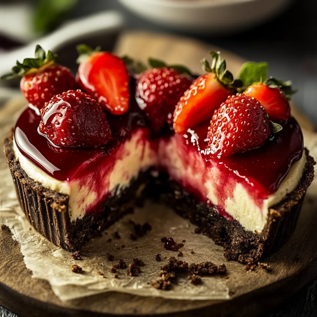 A slice of cake with strawberries on top.