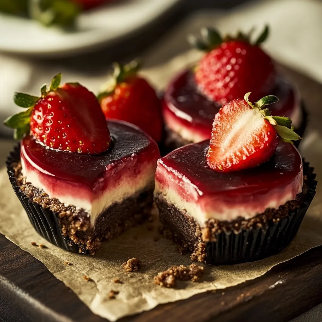 Two pieces of chocolate cake with strawberries on top.