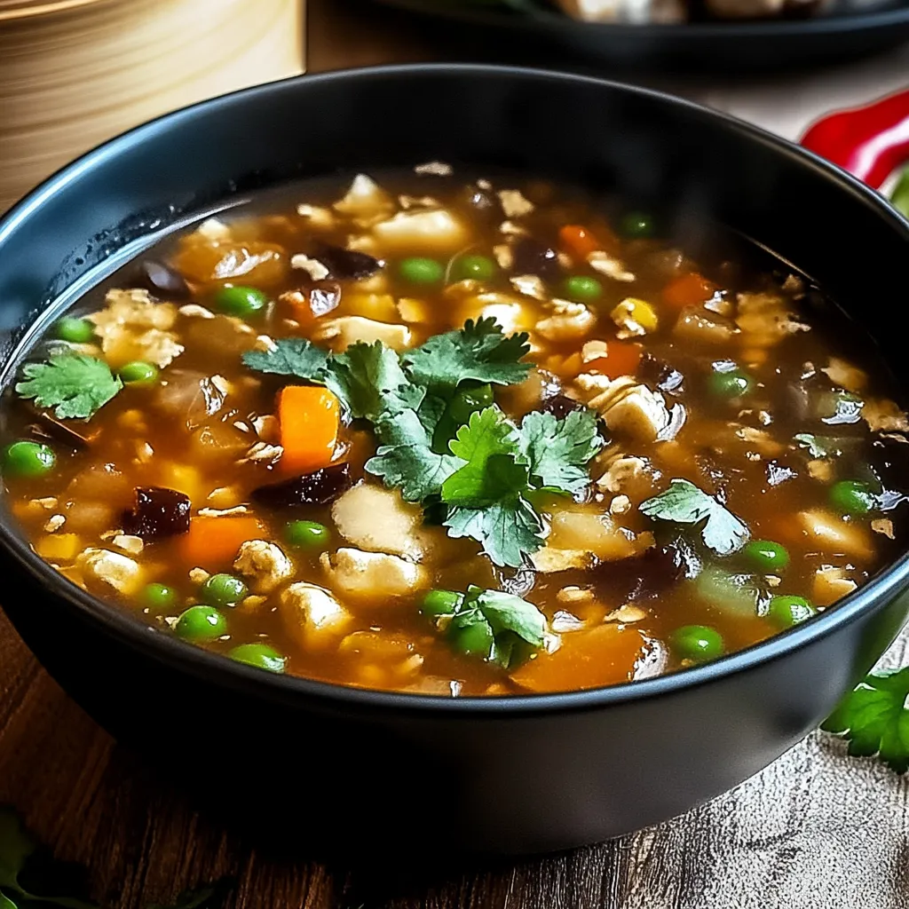 A bowl of soup with peas and carrots.