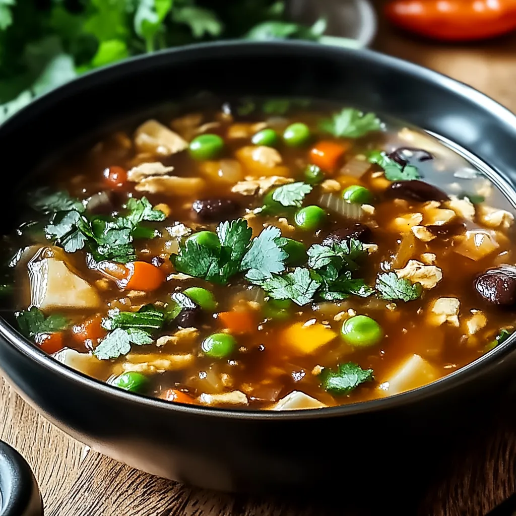 A bowl of soup with vegetables and herbs.