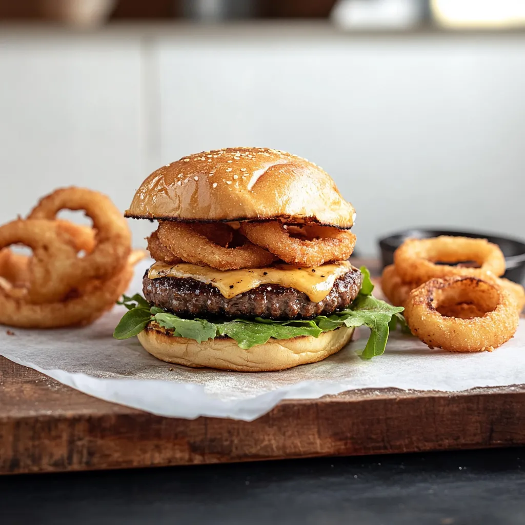 A burger with bacon and cheese on a bun.