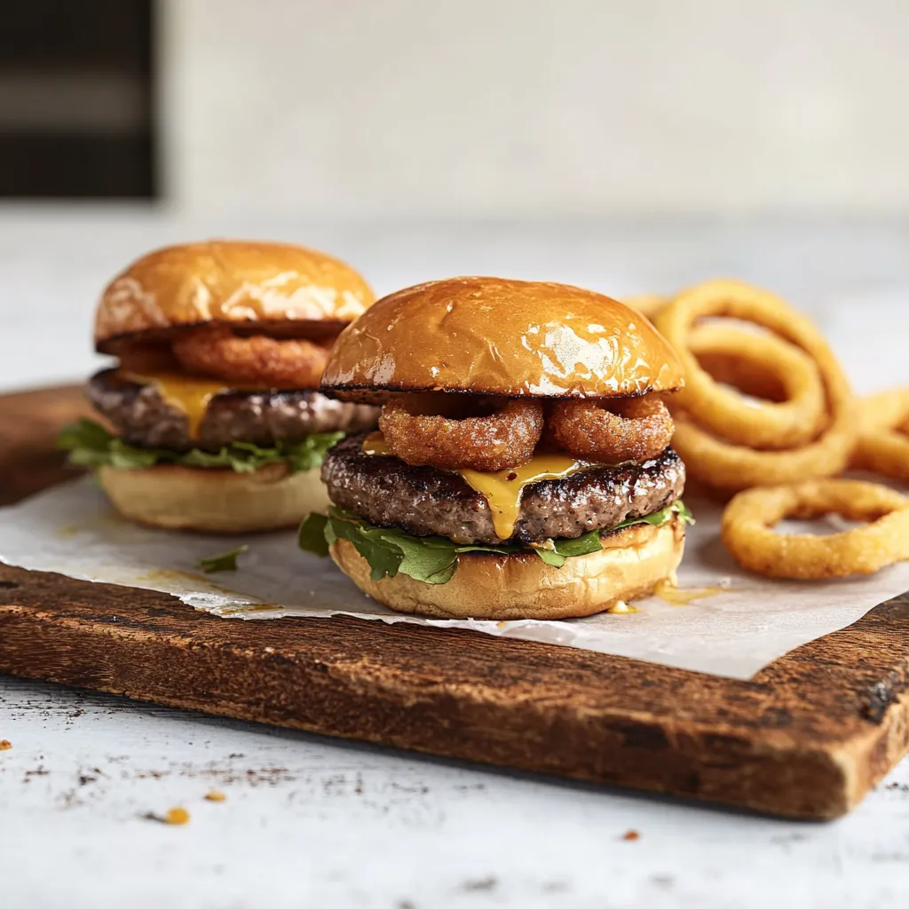 Two hamburgers with onion rings on a table.