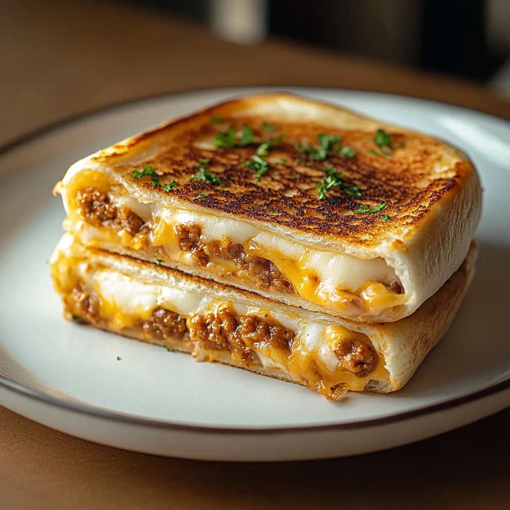 A sandwich with meat and cheese on a white plate.
