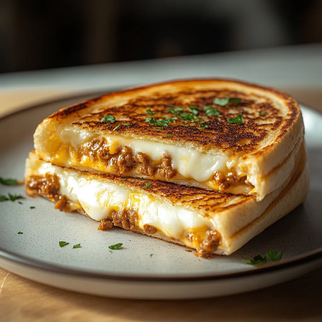 A grilled cheese sandwich with meat in the middle.