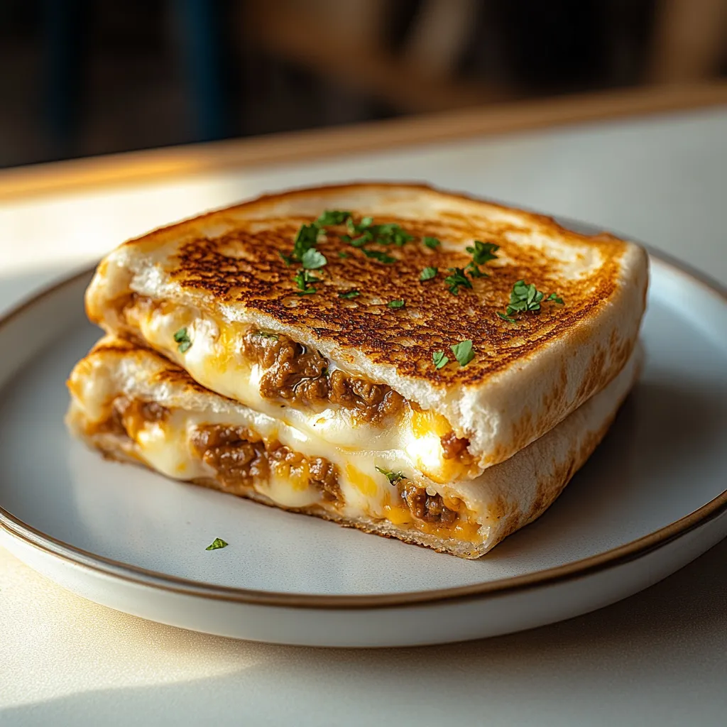 A sandwich with meat and cheese on a plate.