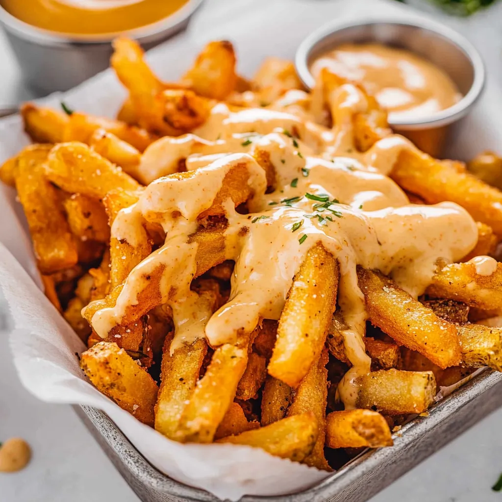 A plate of fries with cheese and sauce.
