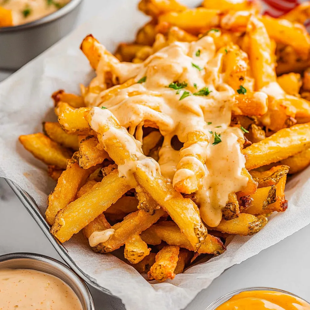 A plate of fries with cheese and dipping sauce.