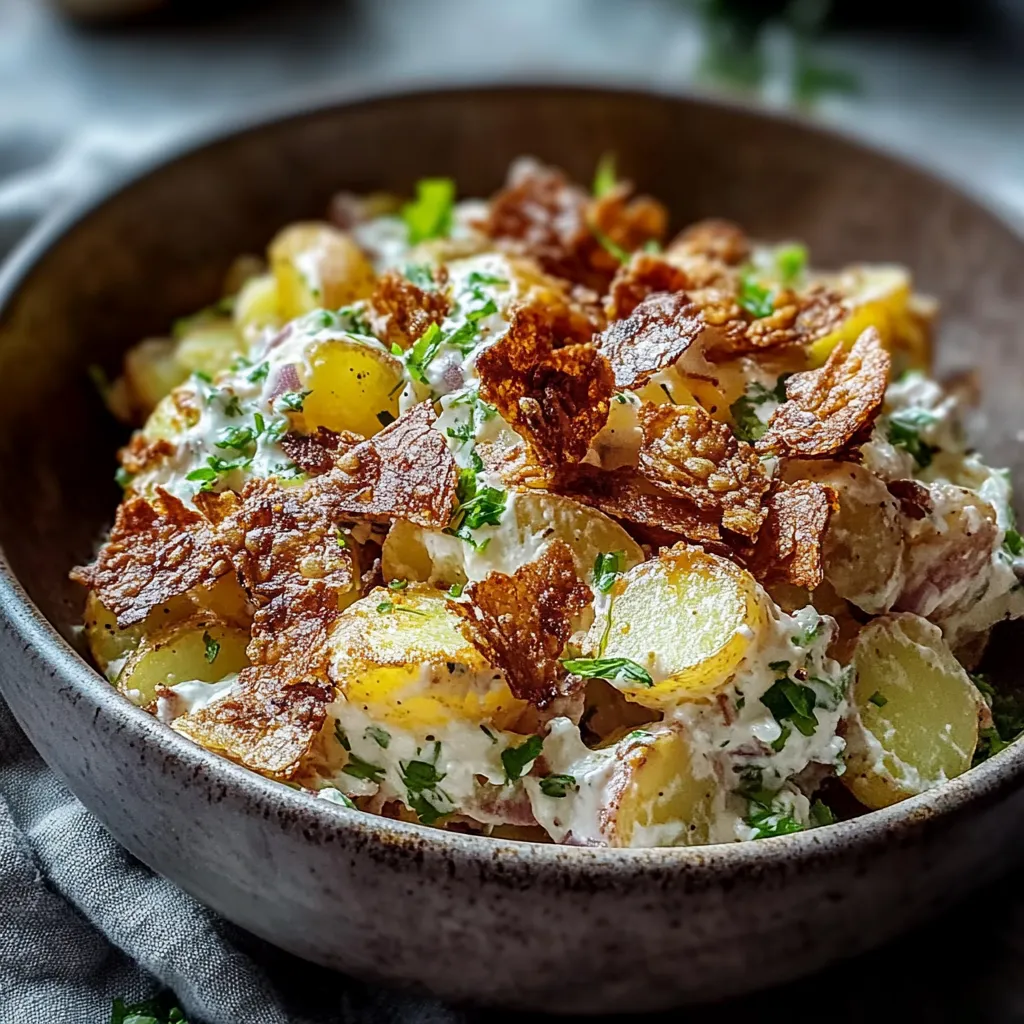 A bowl of potatoes with herbs and sauce.