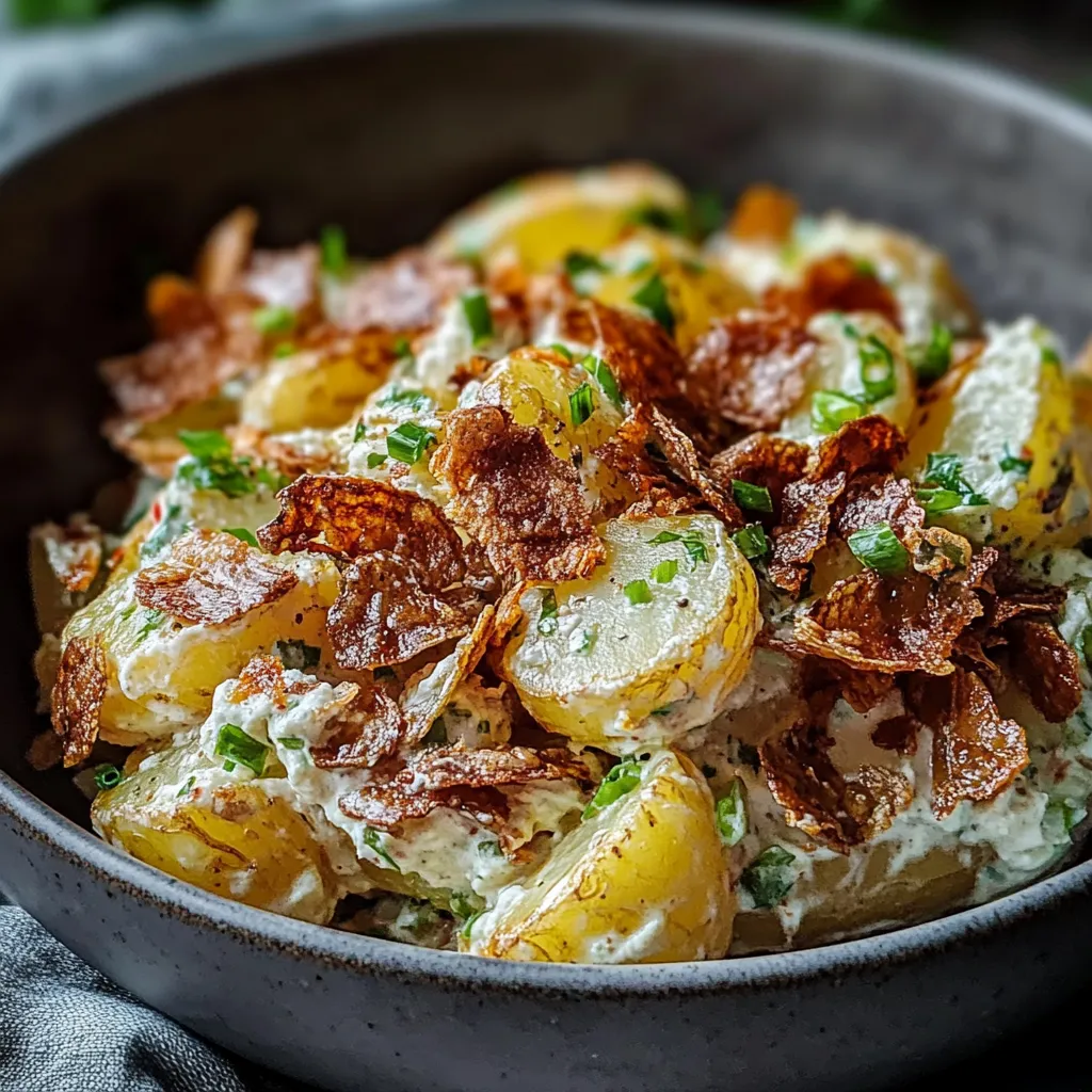 A bowl of food with potatoes and green onions.