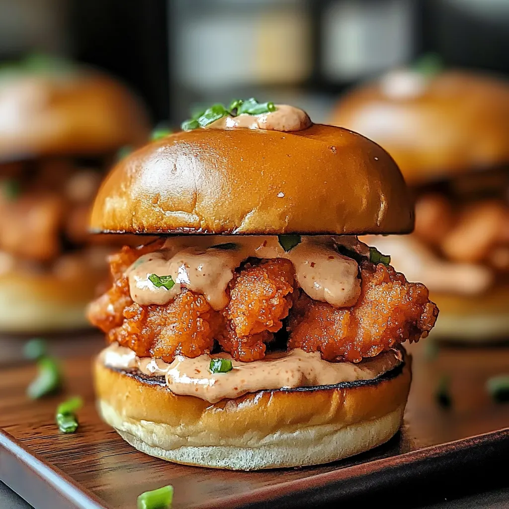 A sandwich with chicken and sauce on a bun.