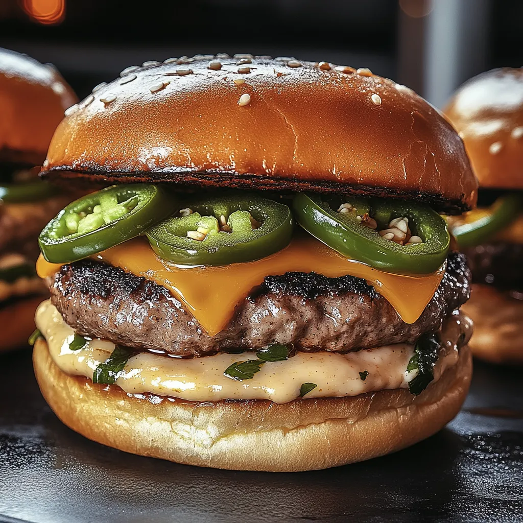 A burger with jalapenos and cheese.