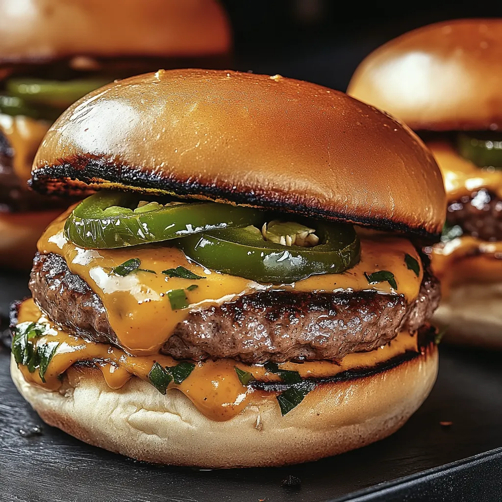 Two burgers with peppers and cheese.