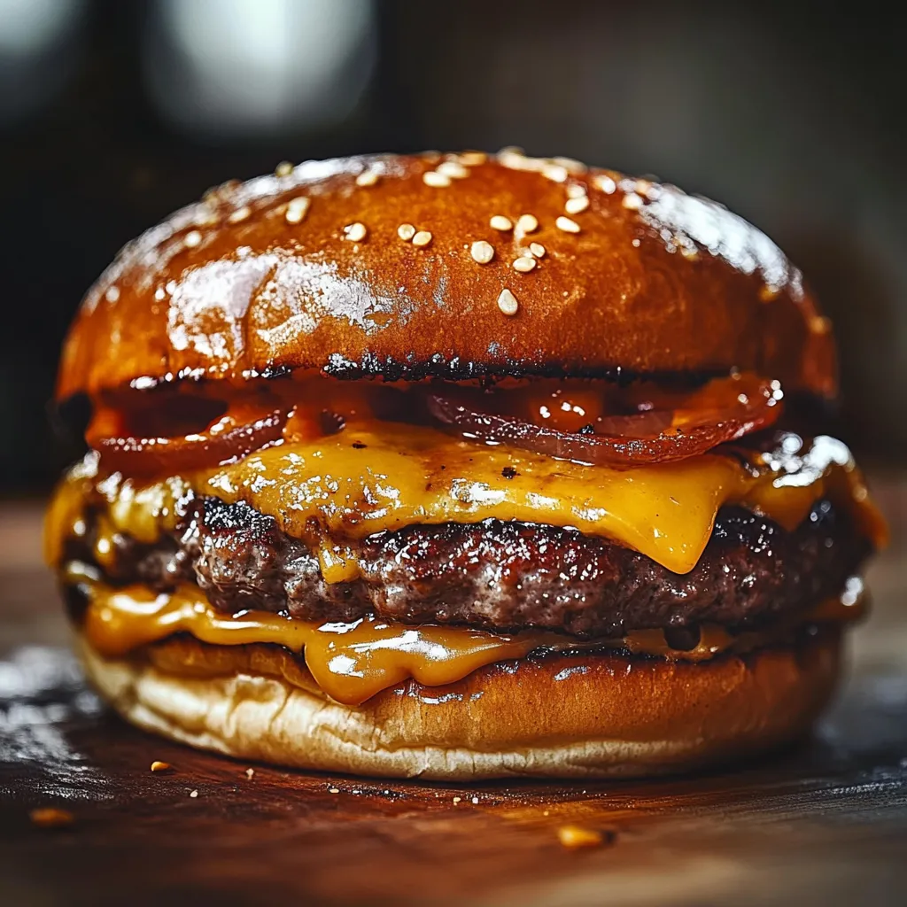 A close up of a burger with bacon and cheese.
